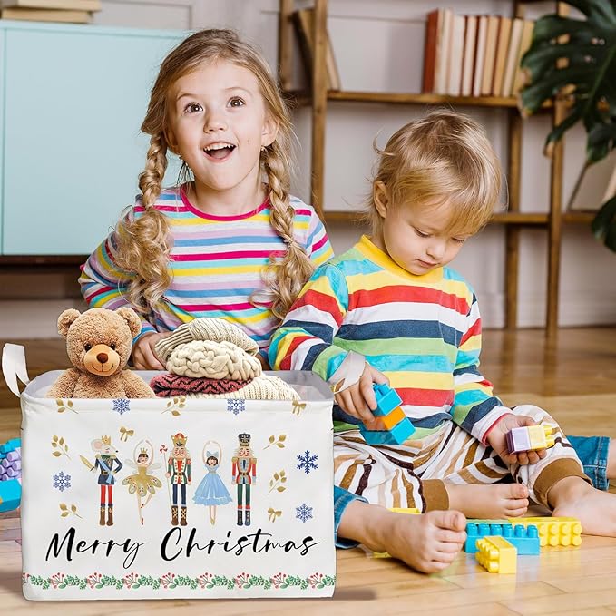 Christmas Storage Basket with Handles, Nursery Organization, Waterproof Toy Box for Boys and Girls Room, Decor Rectangular Fabric Box for Clothes, Christmas Gifts Storage Box, Christmas Party Decor