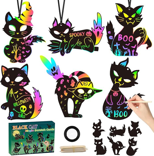 CY2CSIDE Halloween Black Cat Scratch Cards - 60PCS Halloween Spooky Ornament Scratch Card Gift Set for Kids DIY Black Cat Skull Magic Arty Rainbow Color Bookmark Craft Kit for Kids School Activity