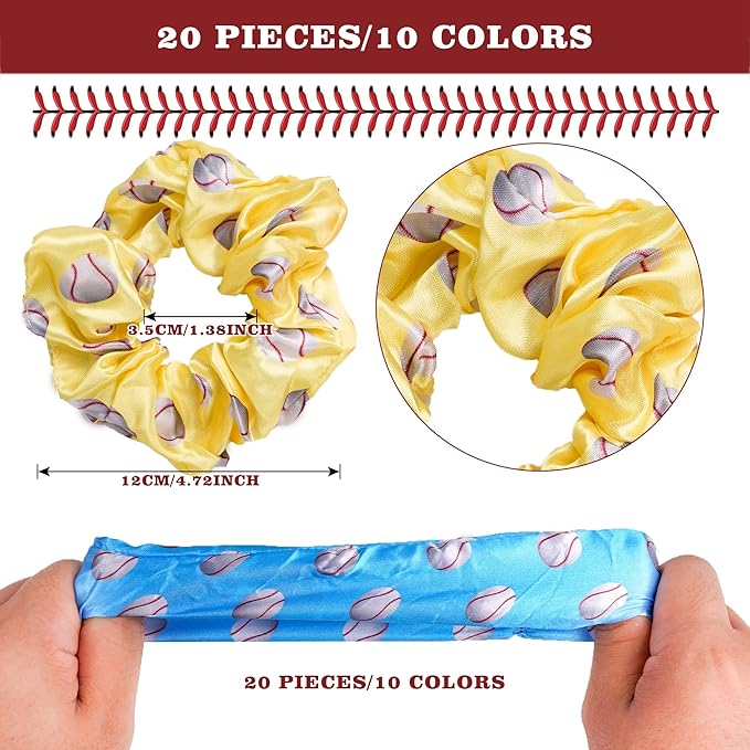 Baseball Party Favor Set: 20 Satin Scrunchies with Baseball Design, 20 Baseball Bracelets, 100 Baseball Stickers for Sports Themed Celebrations