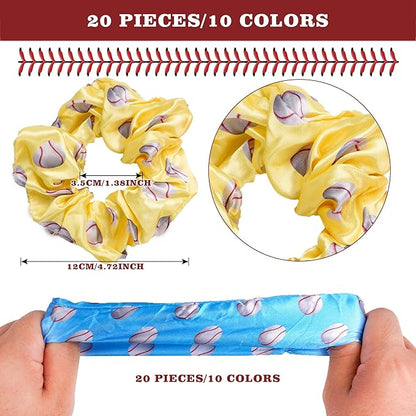 Baseball Party Favor Set: 20 Satin Scrunchies with Baseball Design, 20 Baseball Bracelets, 100 Baseball Stickers for Sports Themed Celebrations