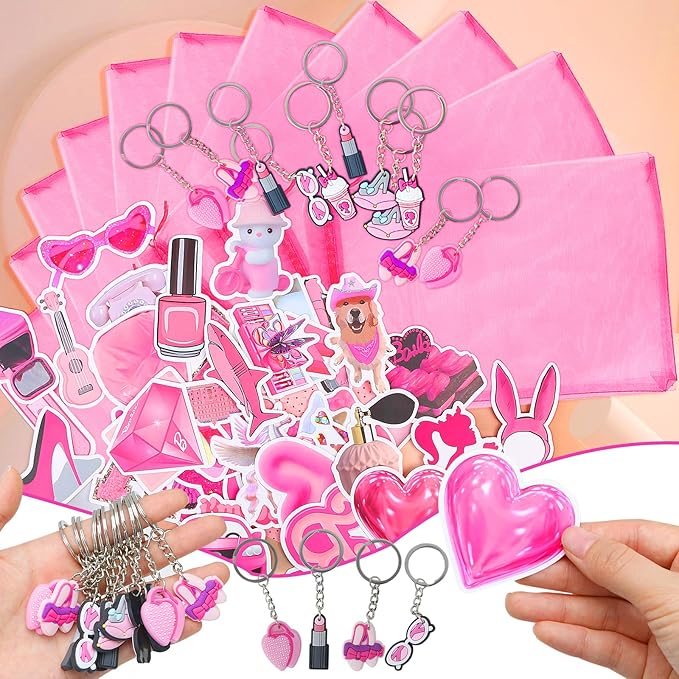 122pcs Pink Party Favors for Girls, Pink Girls Birthday Party Favors Kit Keychain Bracelet Bubble Stickers Straws Heart Sunglasses Gift Bag Hot Pink Princess Birthday Party Supplies