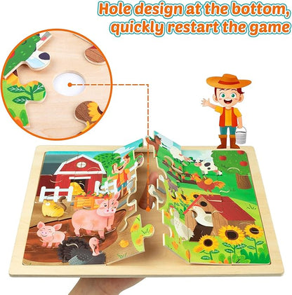 SYNARRY 24 Pieces Puzzles for Kids Ages 3-5, Farm Wooden Jigsaw Puzzles with Storage Tray, Educational Preschool Puzzles Toys Set for Toddler Boys and Girls