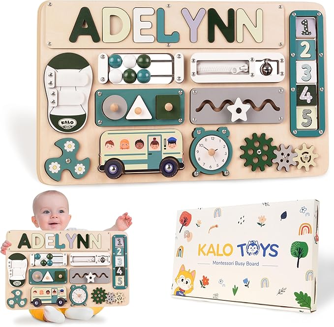 KALOTOYS Busy Board Bear for Toddlers Wooden Montessori Toys, Wooden Controller Sensory Toy for Autistic Children & ADHD Sensory Board for Education & Learning Green