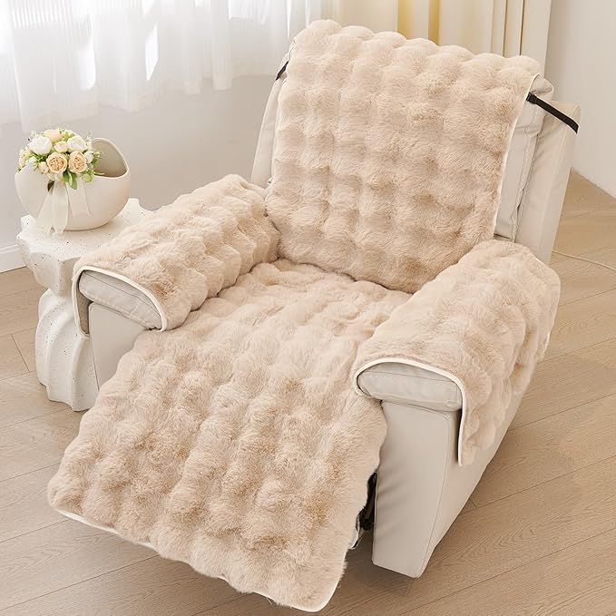 vctops Faux Fur Fluffy Recliner Chair Slipcover Faux Rabbit Fur Non Slip Sofa Cover Super Soft Plush Thick Couch Cover Furniture Protector with Elastic Straps for Kids, Dogs, Pets(Khaki,24")