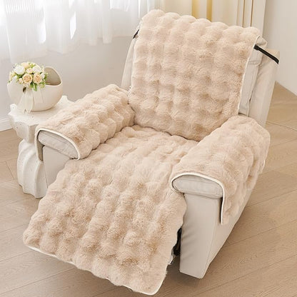 vctops Faux Fur Fluffy Recliner Chair Slipcover Faux Rabbit Fur Non Slip Sofa Cover Super Soft Plush Thick Couch Cover Furniture Protector with Elastic Straps for Kids, Dogs, Pets(Khaki,24")