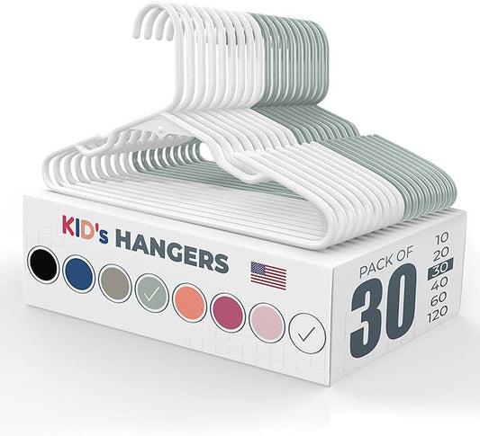 Made in USA Baby Hangers, Kids Hangers for Children's Clothes, Toddler Outfits and Clothing, 20 50 100 Pack Available, Kid Plastic Hanger for Closet and Nursery, Kids Hangars (30pk White/Mint)