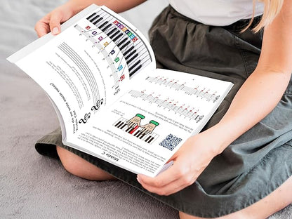 QMG Color Piano and Keyboard Stickers and Complete Color Note Piano Music Lesson and Guide Book for Kids and Beginners; Designed and Printed in USA