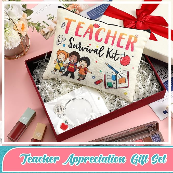 8 Pcs Teacher Appreciation Gift Set for Women, 4 Teacher Makeup Pouch Cosmetic Bags and 4 Bangle Bracelets, Christmas Valentines Thank You Gifts for Teacher (Cute Style)