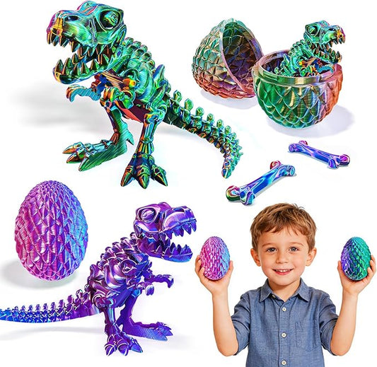 2 Packs Easter 3D Printed Dinosaur Toys for Boys 3-5 Years, Skeleton T-Rex Figure with Large Storage Crystal Eggs, Easter and Birthday Gifts Fidget Toys for 3 4 5 6 7 8 9 10 11 12 Years Old Boys Girls