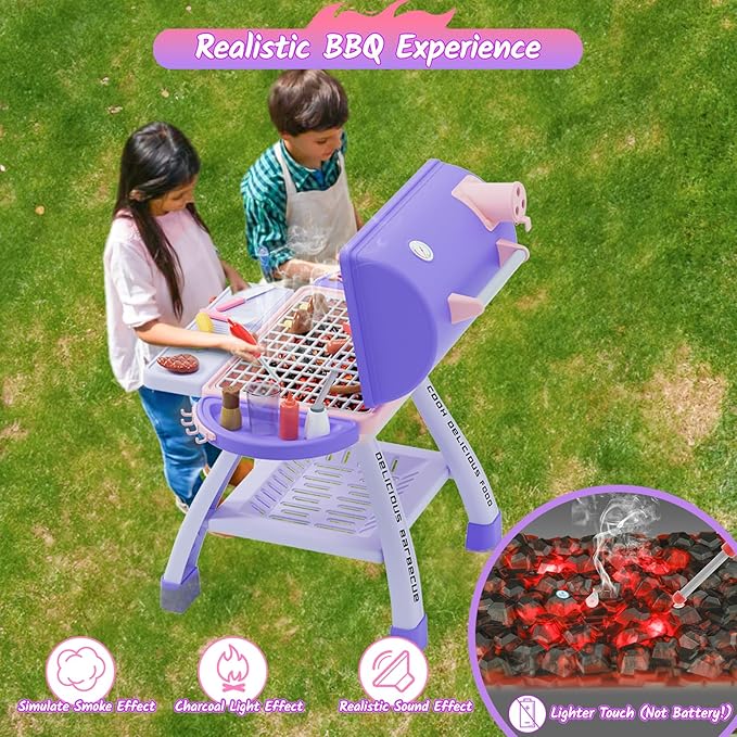 New Upgraded Kids BBQ Grill Playset with Smoke, Sound&Light, Toy Grill for Girls, Pretend Food Hamburger, Kitchen Barbecue Toy Game, Christmas Birthday Gift for 3-5 Kids, Pink & Purple