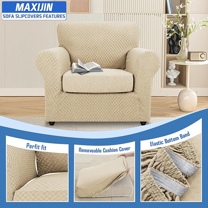MAXIJIN 2 Piece Jacquard Chair Covers with Arms Super Stretch Non Slip Chair Slipcover for Living Room Dogs Pet Friendly Elastic Sofa Couch Protector Armchair Cover (Chair, Light Beige)