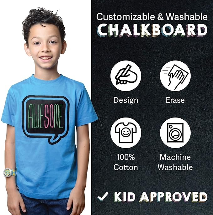 Blue Speech Bubble Chalkboard Short Sleeve T-Shirt Kit for Kids with 3 Markers and 1 Stencil, (Youth Large)
