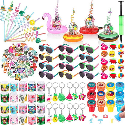 159 Pcs Hawaiian Luau Party Favors Inflatable Drink Holder Float Coaster Set Straws Sunglass Stamper Slap Bracelet Keychain Ring Sticker for Pool Beach/ Hawaiian /Luau /Birthday Decorations