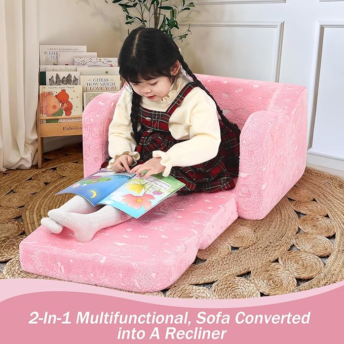 MeMoreCool Glow-in-The-Dark Unicorn Kids Couch – Soft Plush Folding Toddler Chair and Fold-Out Recliner for Boys and Girls