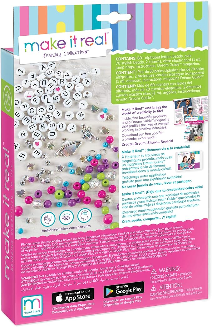 Make It Real: Block ‘N Rock Bracelets Kit - Create 4 Unique Letter Charm Bracelets, 147 Pieces, Includes Play Tray, All-In-One, DIY Bead Jewelry Kit, Tweens & Girls, Arts & Crafts, Kids Ages 8+