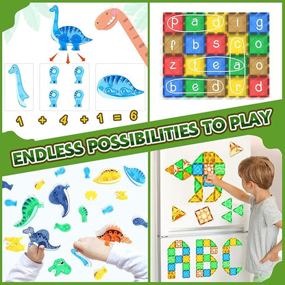 Dinosaur Toys Magnetic Tiles 3D Movable Dinos for Kids 3-5 5-7 Toddler Outdoor Sensory Toys, STEM Educational Magnetic Blocks for 3+ Years Old Boys Girls Kids Toys