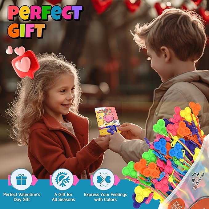 UpBrands 48-Pack Popit Zipper Bracelets with Valentine Day Cards - Perfect Sensory Gifts for Classroom Exchanges and Kids’ Joyful Moments
