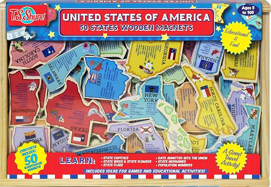 Bendon TS Shure United States USA Map 50-Piece Educational Wooden Learning Magnets 50476