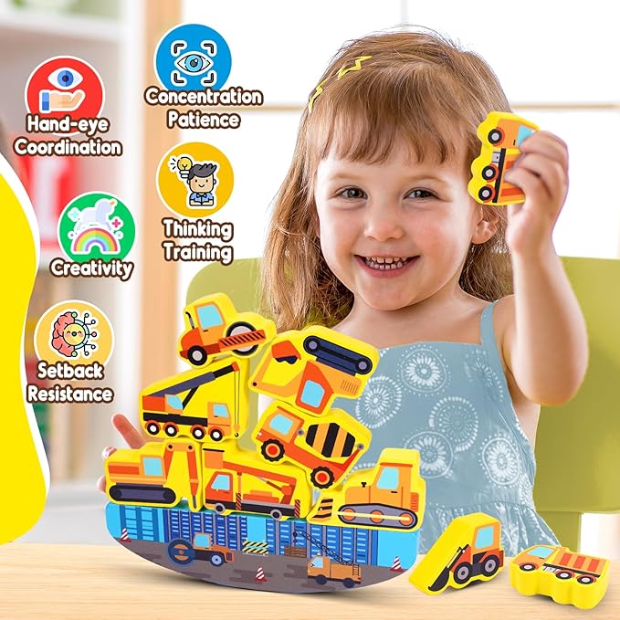 Montessori Toys for Kids Wooden Construction Engineering Cars Blocks Stacking Toy for 3 4 5 6 Year Old Boys Girls Toddlers Educational Toys Balance Game for Boy Girl Age 3-6