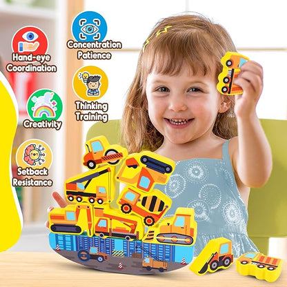 Montessori Toys for Kids Wooden Construction Engineering Cars Blocks Stacking Toy for 3 4 5 6 Year Old Boys Girls Toddlers Educational Toys Balance Game for Boy Girl Age 3-6
