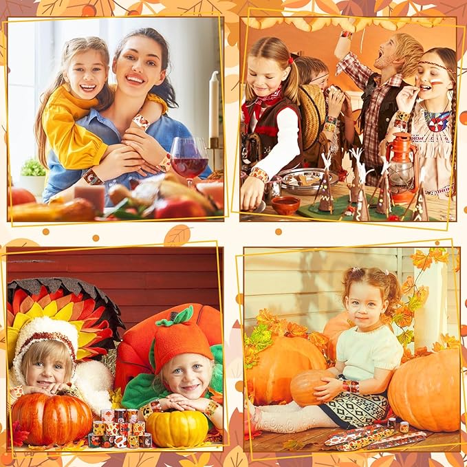 JUNEBRUSHS Thanksgiving Slap Bracelets, 56 Pcs Thanksgiving Gifts for Kids Autumn Maple Leaf Turkey Pumpkin Snap Bracelets Wristbands for Fall Party Favors Decorations Student Classroom Prizes