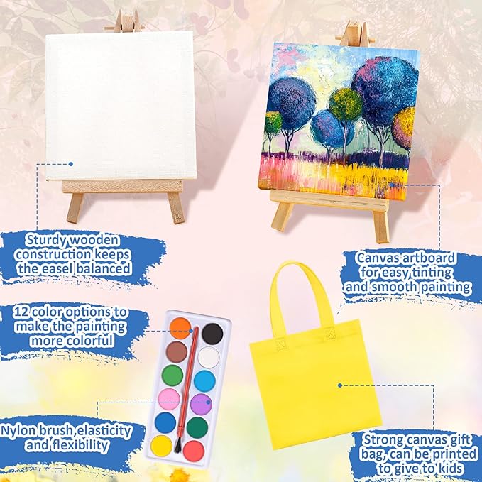 24 Sets 72 Pcs Mini Canvas Easel and Watercolor Paint Set 4 x 4 Inch Canvases for Painting Kids Art Non Woven Bags Washable Watercolors Kids Paint Set for Birthday Painting Art Party Favors Supplies