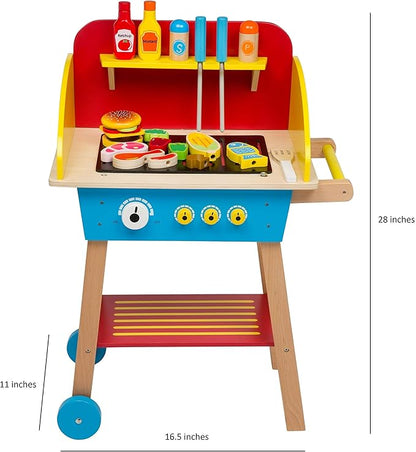 Cook 'N Grill Wood Toy BBQ Set- Pretend Play Wooden Barbeque Food & Grilling Tools for Kids, 30+ Pieces Feat Spatula, Burger & More, Fun Indoor Activity Playset, Daycare, Playroom Centers or Gift