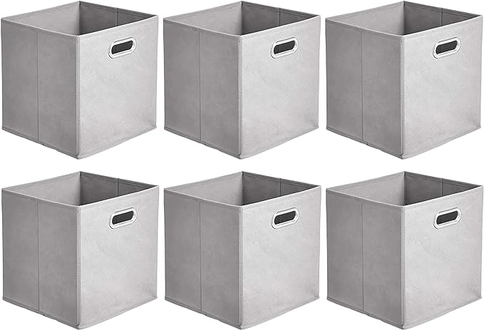 Amazon Basics Collapsible Cube Storage Bins, Space-Saving, Organizing Fabric Bins with Handles, 10.5 x 10.5 x 11 inches, Light Grey, 6-Pack