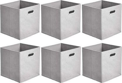 Amazon Basics Collapsible Cube Storage Bins, Space-Saving, Organizing Fabric Bins with Handles, 10.5 x 10.5 x 11 inches, Light Grey, 6-Pack