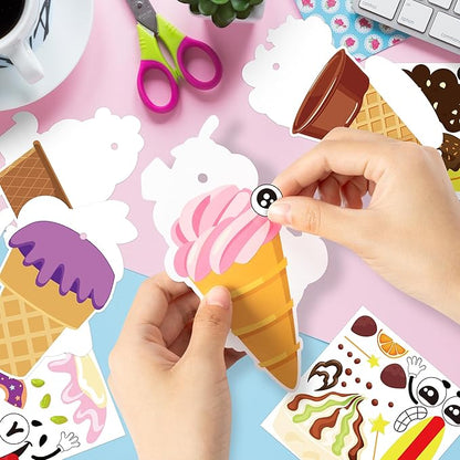 BeYumi Ice Cream Craft Kit - 123Pcs Summer Make Your Own Ice Cream Stickers Craft for Kids Summer DIY Waffle Cone Art Sticker Set School Classroom Home Game Fun Activities Art Supplies Decor