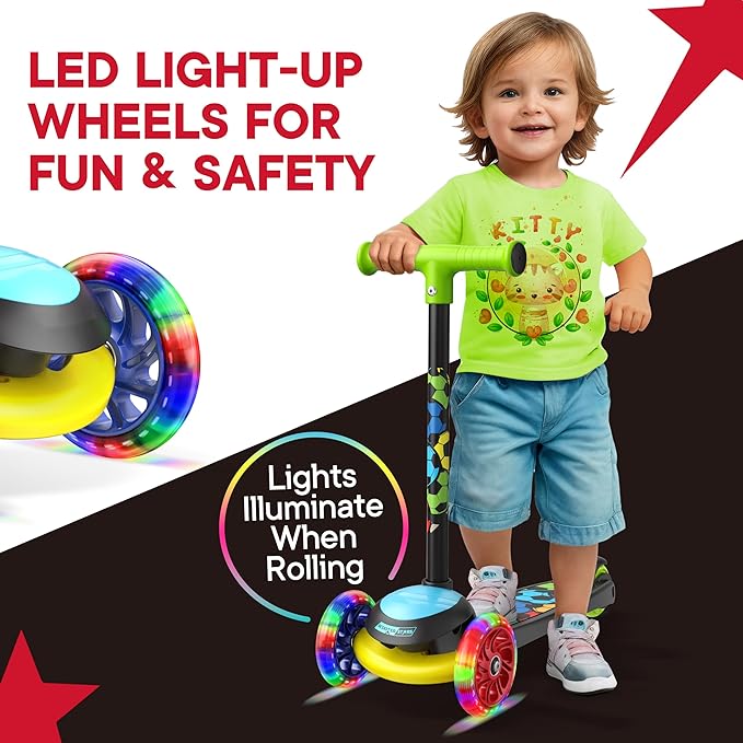 3 Wheel Scooter for Kids, Smooth Light Up LED Front Wheels, Wide Anti Slip Deck, Rear Foot Brake, Easy Lean to Steer Maneuvering, Indoor & Outdoor Ride On Toys for Ages 2 Up,