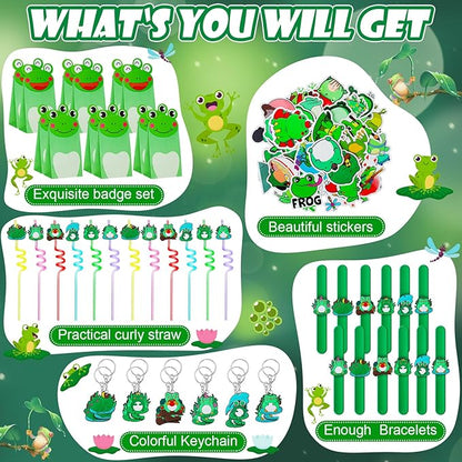 98 Pcs Frog Party Favor Supplies Set Include Frog Party Paper Bags Frog Stickers Frog Keychains Curly Drinking Straws Animal Slap Bracelets for Boy Girl Animal Frog Themed Birthday Decoration