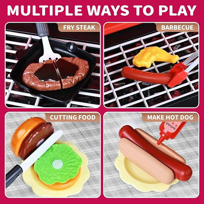 Kids Kitchen Toy Set, Kids BBQ Grill Playset with Smoke Sound Light, 2-Layer Barbecue Toy with Wheel, Simulation Cooking Interactive Toys, Kid Kitchen Playset, Christmas Birthday Gift for Boys Girls
