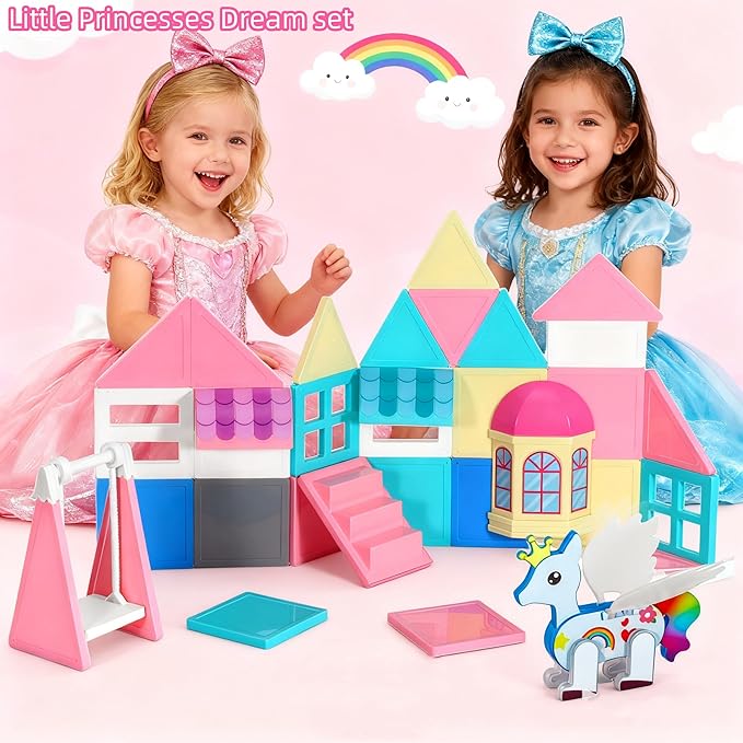 Unicorn Magnetic Tiles, Unicorn Toys for Girls Age 4-6, Princess Castle Magnet Toy for Kids Ages 4-8, Movable Magnetic Tiles 3D Educational Sensory Toys, Xmas Birthday Gifts for Boys and Girls