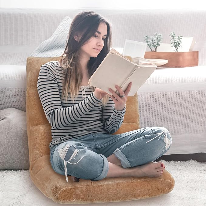 Folding Floor Chair 14-Position Cushioned Adjustable Floor Lazy Sofa Chair w/Breathable Cotton & Skin-Friendly Flannel for Adults & Kids Ideal for Reading Meditating, Camel