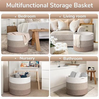 Goodpick Large Woven Basket, Blanket Basket Living Room 15.8"x15.8"x13.8", Woven Storage Bin for Baby Laundry, Light & Brown