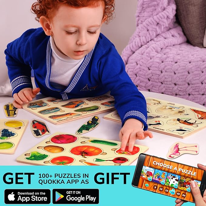QUOKKA Wooden Puzzles for Toddlers 1-3 – 3xSET Kids Puzzles Ages 2-4 – Montessori Toy Puzzles for Toddlers 3-5 – Wood Toy Learning Realistic Fruits - Cars - Vegetables for Boy and Girl