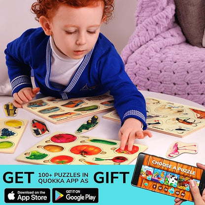 QUOKKA Wooden Puzzles for Toddlers 1-3 – 3xSET Kids Puzzles Ages 2-4 – Montessori Toy Puzzles for Toddlers 3-5 – Wood Toy Learning Realistic Fruits - Cars - Vegetables for Boy and Girl
