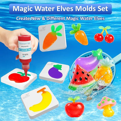 Kiditos Magic Water Elf Fruits & Vegetables Mold Set – 10 Reusable BPA Free Plastic Shapes for Creating Colorful Water Elves, STEM Craft Toy for Kids