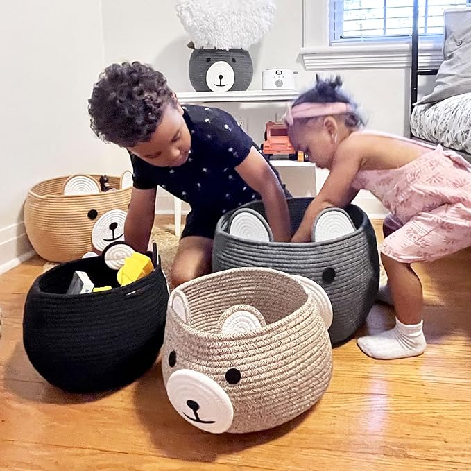 CherryNow Baby Basket for Nursery, Bear Gift Baskets for Kids, Baby Shower Basket with Handles, Small Cute Animal Baskets, Light Brown, 10.5"D x 8.5"H