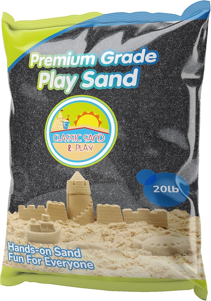 Classic Sand and Play Black Colored Play Sand, 20 lb. Bag, Natural and Non-Toxic, Fun Wet and Dry Indoor and Outdoor, Sandbox, Therapy, and Table Use, Building, Stimulate Sensory Needs