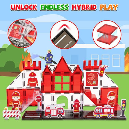 cossy Magnetic Tiles Firefighter Set, Magnet Tiles with Firefighter, Magnetic Tiles for Kids Ages 4-8, STEM Toys, Toys for 3 4 5 6 7 8 Year Old Boy and Girl, Creative Building Toys, Firefighter