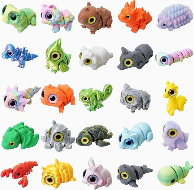 25PC Mini 3D Printed Animals Set with Shining Eyes - Articulated Desk Pets Collection, Mini Animals Figures for Classroom Rewards Bulk, Pocket Pets Fidget Toys Gift