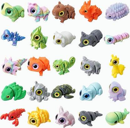25PC Mini 3D Printed Animals Set with Shining Eyes - Articulated Desk Pets Collection, Mini Animals Figures for Classroom Rewards Bulk, Pocket Pets Fidget Toys Gift