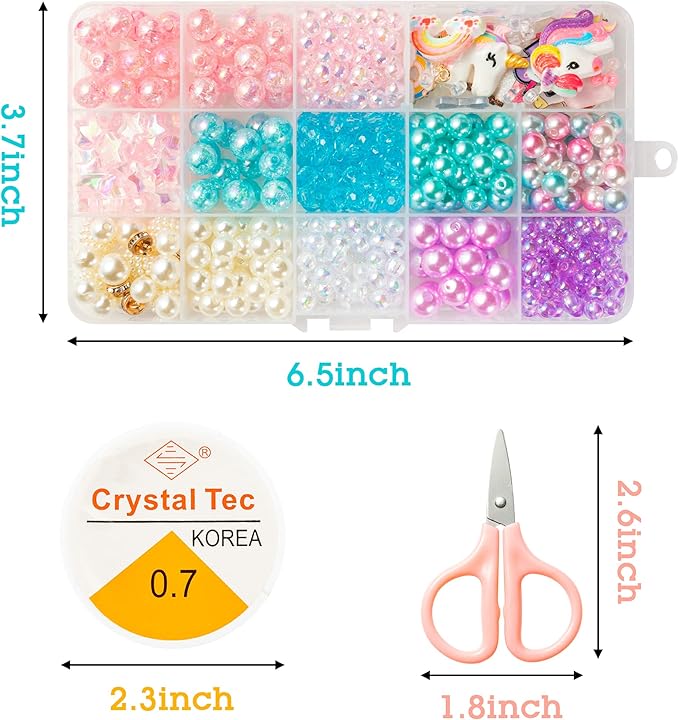 OSNIE Unicorn DIY Bead Jewelry Making Kit for Kids Girls with Unicorn Rainbow Heart Bow-Knot Lollipop Crown Key Charms Beads for Bracelets Rings Necklaces Creativity Beading Kits Art Craft, 400Pcs+