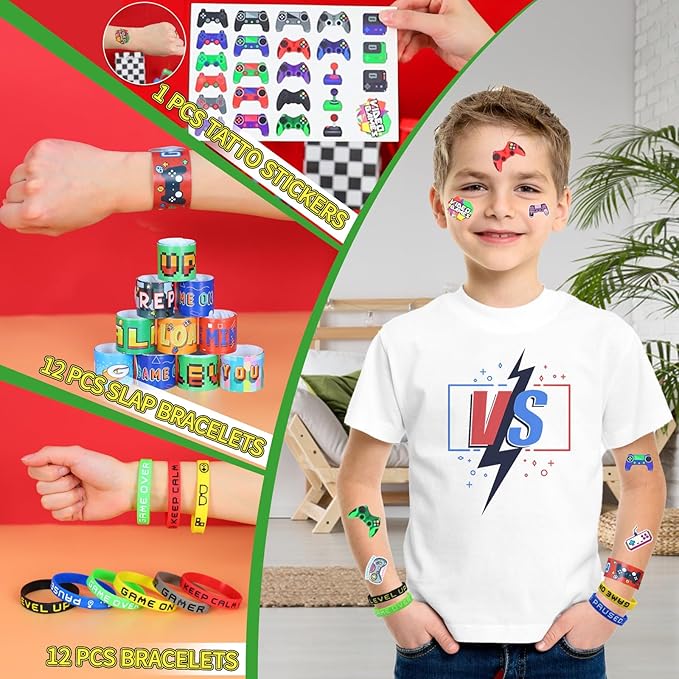 159 Pcs Video Game Party Favors, Gamer Gaming Party Favors - Drinking Straws Cups Slap Bracelets Keychains Gift Tags Stamps Stickers Gift Bags for Game On Birthday Party Favor Supplies