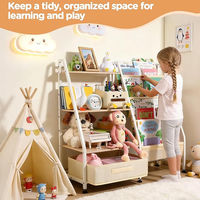Kids Bookshelf and Toy Storage-Book Shelf for Kids Rooms，Toddler Bookshelf Baby Bookcase with 4 Sling Shelves & Fabric Toy Chest Toy Organizer for Playrooms, Bedrooms, Nursery