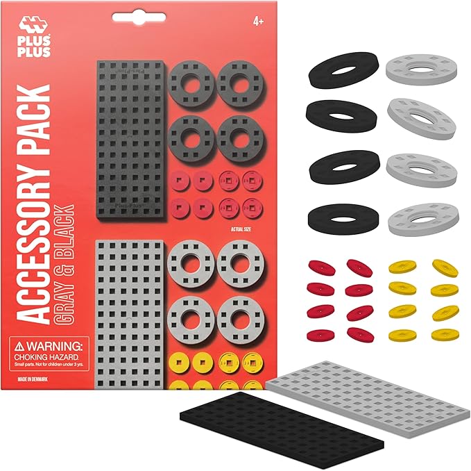 PLUS PLUS Accessory Pack, 2 Baseplates, 8 Wheels, Car Plane Train Building Pieces, Stem Construction Parts for Kids - Gray & Black