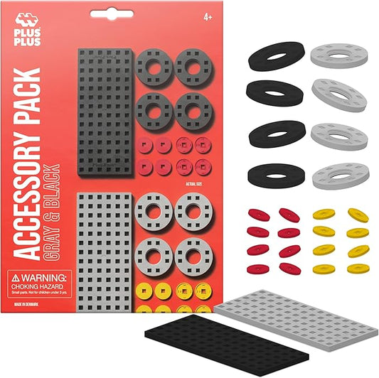 PLUS PLUS Accessory Pack, 2 Baseplates, 8 Wheels, Car Plane Train Building Pieces, Stem Construction Parts for Kids - Gray & Black