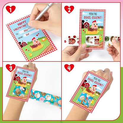 Haooryx Valentine's Exchange Gifts Bulk - 28 Pack Valentine's Day Farm Animal Slap Bracelets Inspired Greeting Cards Student Prize Activity Farmland Classroom School Kids' Multi-Item Party Favor Packs